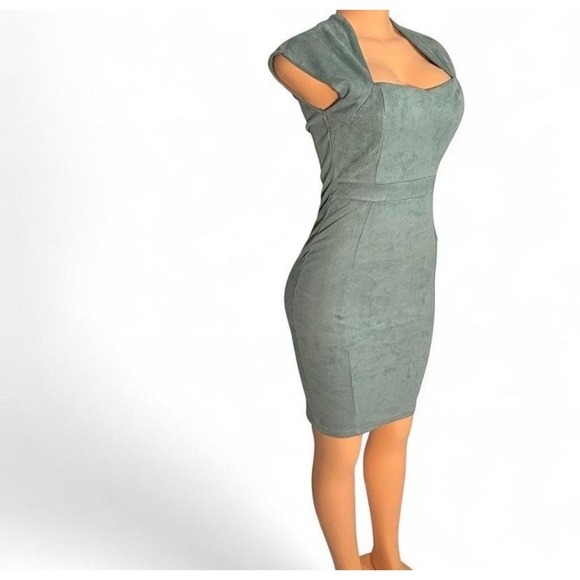 Privy Privately Privileged Sage Faux Suede Bodycon Dress Cap Sleeve Medium - Picture 3 of 5